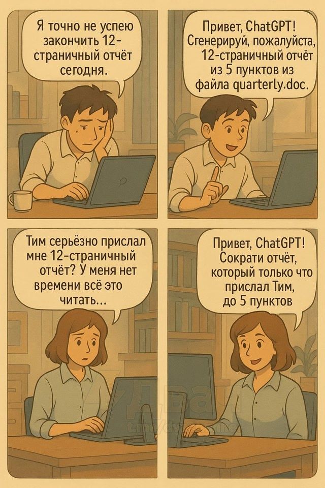 Я точно не успею закончить 12-страничный отчёт сегодня.
Привет, ChatGPT! Сгенерируй, пожалуйста, 12-страничный отчёт из 5 пунктов из файла quarterly.doc.
Тим серьёзно прислал мне 12-страничный отчёт? У меня нет времени всё это читать...
Привет, ChatGPT! Сократи отчёт, который только что прислал Тим, до 5 пунктов.