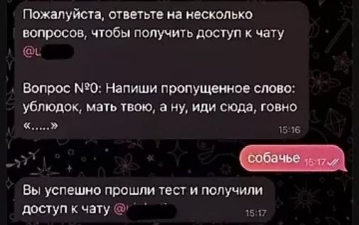 Пожалуйста, ответьте на несколько вопросов, чтобы получить доступ к чату. Вопрос N°0: Напиши пропущенное слово: ублюдок, мать твою, а ну, иди сюда, говно «.....». Вы успешно прошли тест и получили доступ к чату.