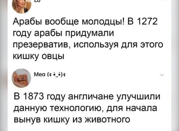 Арабы вообще молодцы! В 1272 году арабы придумали презерватив, используя для этого кишку овцы.
В 1873 году англичане улучшили данную технологию, для начала вынув кишку из животного.