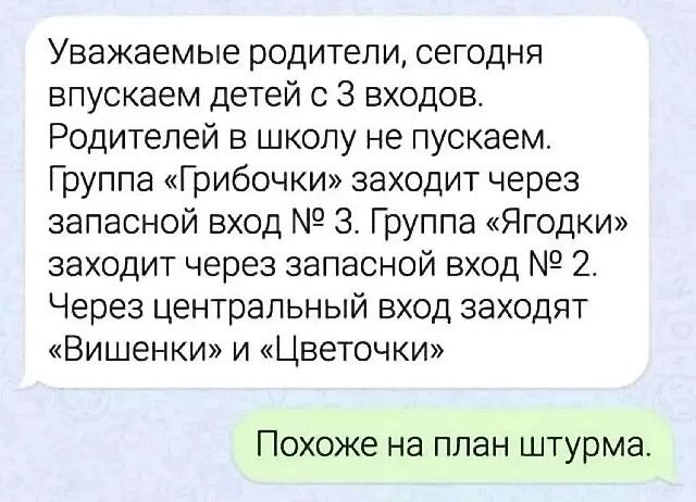 Уважаемые родители, сегодня впускаем детей с 3 входов. Родителей в школу не пускаем. Группа «Грибочки» заходит через запасной вход № 3. Группа «Ягодки» заходит через запасной вход № 2. Через центральный вход заходят «Вишенки» и «Цветочки». Похоже на план штурма.