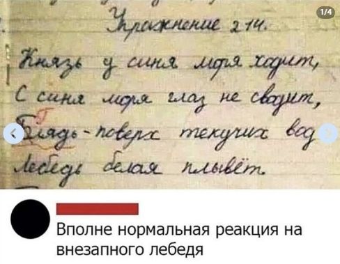 Упражнение 274.
Князь у синя моря ходит,
С синя моря глаз не сводит,
Глядя поверх теченья вод,
Лебедь белая плывет.

Вполне нормальная реакция на внезапного лебедя.