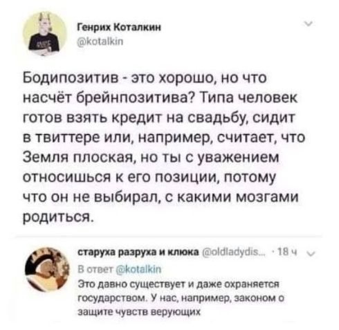 Бодипозитив - это хорошо, но что насчет брейнопозитива? Типа человек готов взять кредит на свадьбу, сидит в твиттере или, например, считает, что Земля плоская, но ты с уважением относишься к его позиции, потому что он не выбрал, с какими мозгами родиться.

Это давно существует и даже охраняется государством. У нас, например, законом о защите чувств верующих.
