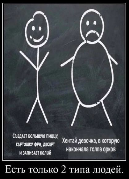 Есть только 2 типа людей.
Съедает большую пиццу, картошку ФРИ, десерт и запивает колой.
Хентай девочка, в которую накосячила толпа орков.