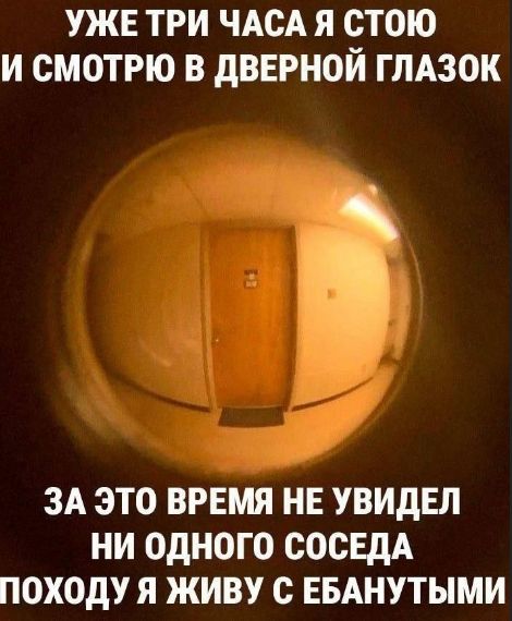 УЖЕ ТРИ ЧАСА Я СТОЮ И СМОТРЮ В ДВЕРНОЙ ГЛАЗОК
ЗА ЭТО ВРЕМЯ НЕ УВИДЕЛ НИ ОДНОГО СОСЕДА
ПОДОХУ Я ЖИВУ С ЕБАНУТЫМИ