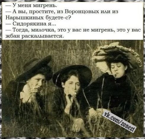 — У меня мигрень.
— А вы, простите, из Воронцовых или из Нарышкиных будете-с?
— Сидорякина я...
— Тогда, милочка, это у вас не мигрень, это у вас жбан раскалывается.