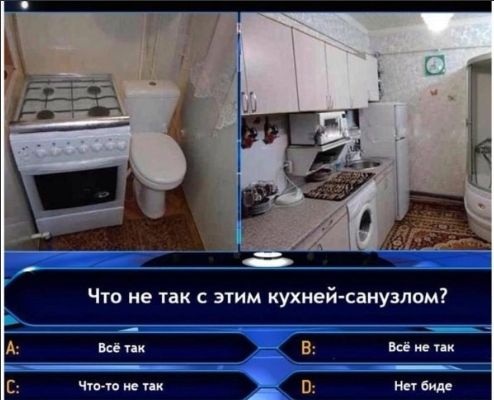 Что не так с этим кухней-санузлом?
A: Всё так
B: Всё не так
C: Что-то не так
D: Нет биде