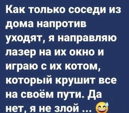 Как только соседи из дома напротив уходят, я направляю лазер на их окно и играю с их котом, который крушит все на своём пути. Да нет, я не злой ... 😄