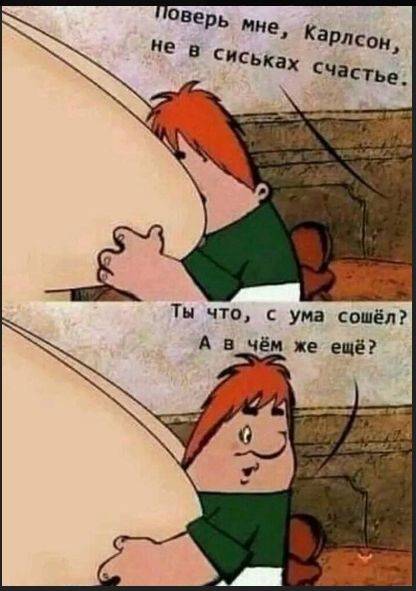 Поверь мне, Карлсон, не в сиськах счастье.
Ты что, с ума сошёл? А в чём же ещё?