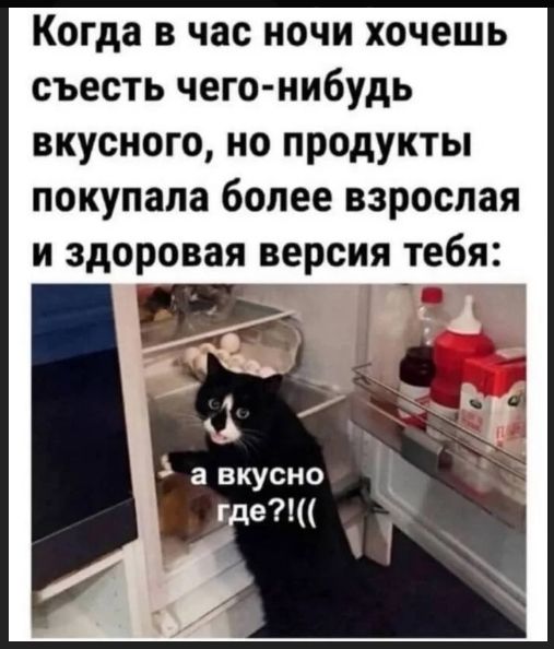 Когда в час ночи хочешь съесть чего-нибудь вкусного, но продукты покупала более взрослая и здоровая версия тебя:
а вкусно где?!((
