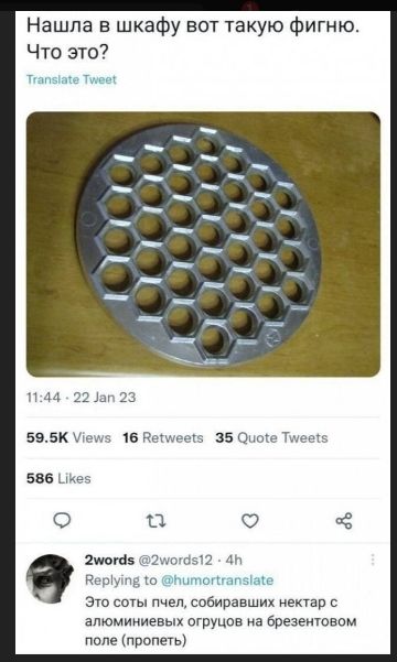 Нашла в шкафу вот такую фигню. Что это? Translate Tweet
11:44 - 22 Jan 23
59.5K Views 16 Retweets 35 Quote Tweets 586 Likes
Это соты пчел, собирающих нектар с алюминиевых огурцов на брезентовом поле (пропеть)