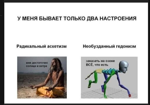 У МЕНЯ БЫВАЕТ ТОЛЬКО ДВА НАСТРОЕНИЯ

Радикальный аскетизм

мне достаточно солнца и ветра

Необузданный гедонизм

заказать на озоне ВСЁ, что есть