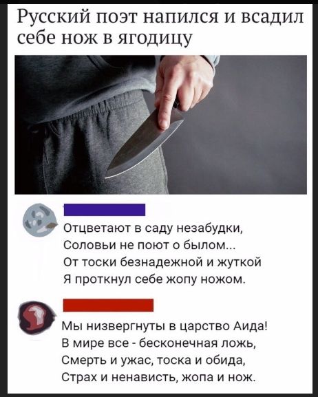 Русский поэт напился и всадил себе нож в ягодицу
Отцветают в саду незабудки,
Соловьи не поют о былом...
От тоски безнадёжной и жуткой
Я проткнул себе жопу ножом.

Мы низвергнуты в царство Аида!
В мире все - бесконечная ложь,
Смерть и ужас, тоска и обида,
Страх и ненависть, жопа и нож.