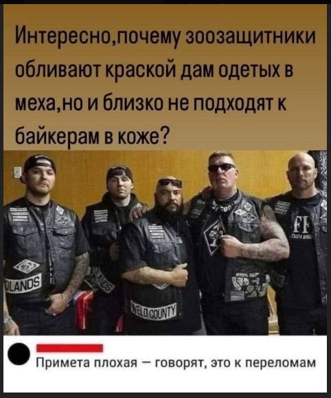 Интересно, почему зоозащитники обливают красной дам одетых в меха, но и близко не подходят к байкерам в коже?

Примета плохая – говорят, это к переломам