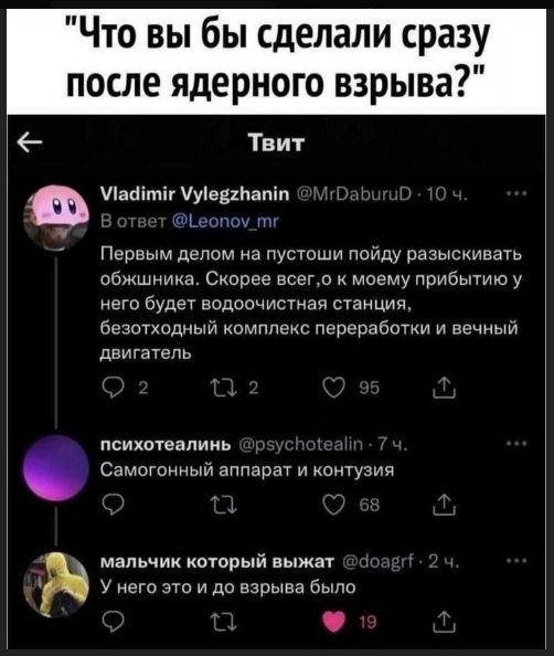 Что вы бы сделали сразу после ядерного взрыва? Первый твит: 'Первым делом на пустоши пойду разыскать обжжника. Скорее всего, к моему прибытию у него будет водоочистная станция, безотходный комплекс переработки и вечный двигатель' Психотеалин: 'Самогонный аппарат и контузия' Мальчик кот который выжачт @doagrf: 'У него это и до взрыва было'