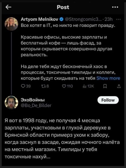 Все хотят в IT, но никто не говорит правду. Красивые офисы, высокие зарплаты и бесплатный кофе — лишь фасад, за которым скрывается совершенно другая реальность. На деле тебя ждут бесконечный хаос в процессах, токсичные тимлиды и коллеги, которые будут скидывать на тебя... Я вот в 1998 году, не получая 4 месяца зарплаты, в глухой деревушке Брянской области примерз ухом к забору, когда заснул в засаде, ожидая ночного налета на местный магазин. Тимлиды у тебя токсичные нахуй...