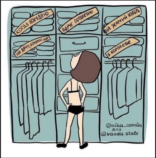 Иллюстрация девушки в нижнем белье перед открытым шкафом с ярлыками