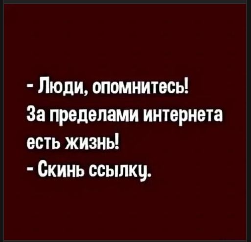 - Люди, опомнитесь! За пределами интернета есть жизнь! - Скинь ссылку.