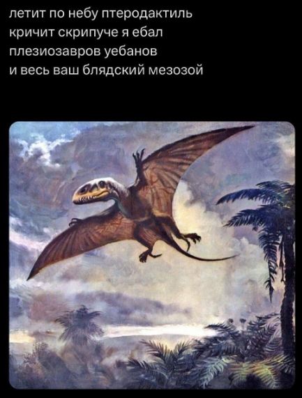 летит по небу птеродактиль кричит скрипуче я ебал плезиозавровебанов и весь ваш блядский мезозой