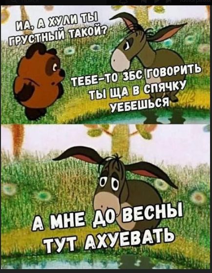 Иа, а хули ты грустный такой? тебе-то сказать тыща в спячку убежешься. А мне до весны тут ахуеть