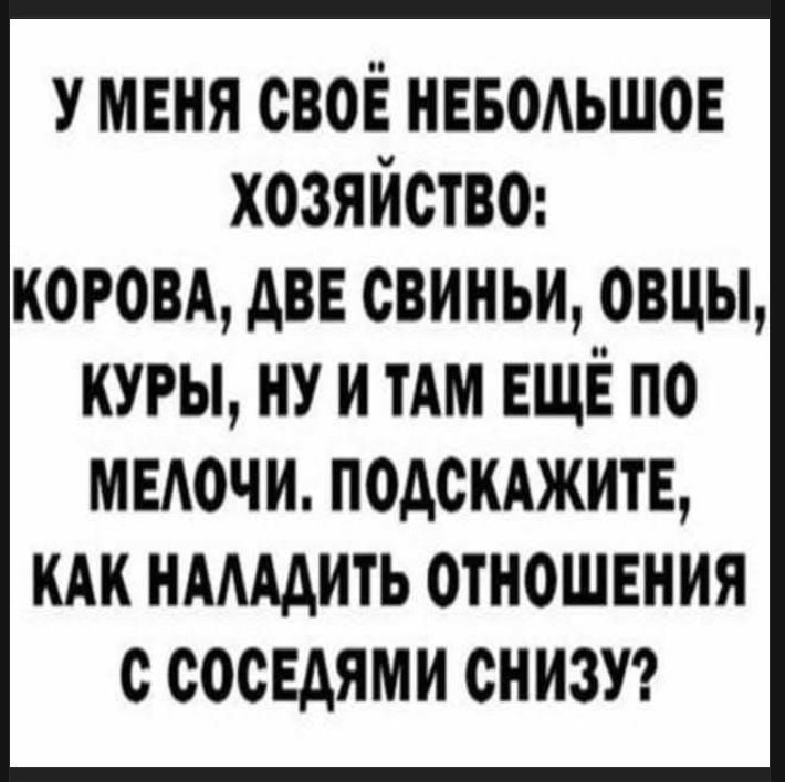 У МЕНЯ СВОЁ НЕБОЛЬШОЕ ХОЗЯЙСТВО: КОРОВА, ДВЕ СВИНЬИ, ОВЦЫ, КУРЫ, НУ И ТАМ ЕЩЁ ПО МЕЛОЧИ. ПОДСКАЖИТЕ, КАК НАЛАДИТЬ ОТНОШЕНИЯ С СОСЕДЬЯМИ СНИЗУ?