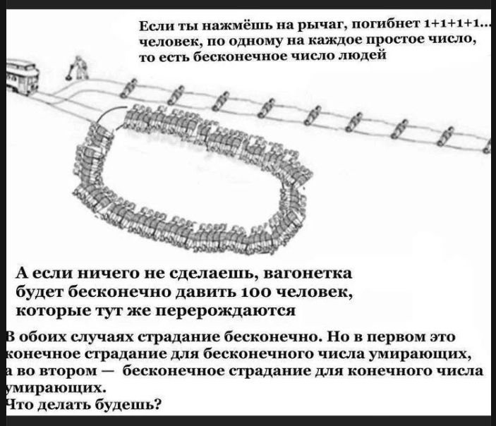 Если ты нажмешь на рычаг, погибнет 1+1+1+... человек, по одному на каждое простое число, то есть бесконечное число людей. А если ничего не сделаешь, вагонетка будет бесконечно давить 100 человек, которые тут же перепоговариваются. В обоих случаях страдание бесконечно. Но в первом это конечное страдание для бесконечного числа умирающих, а во втором — бесконечное страдание для конечного числа умирающих. Что будешь делать?