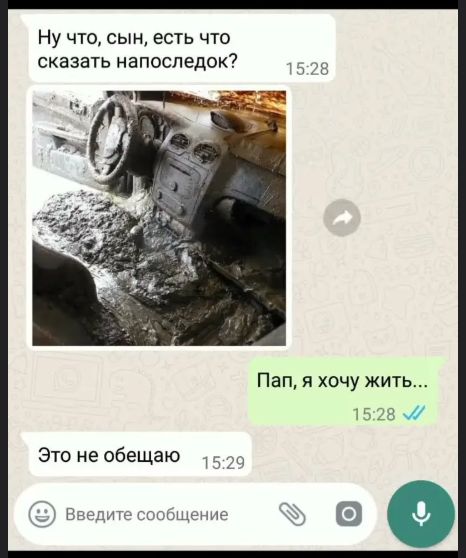 Ну что, сын, есть что сказать напоследок?
[изображение аварии]
Пап, я хочу жить...
Это не обещаю