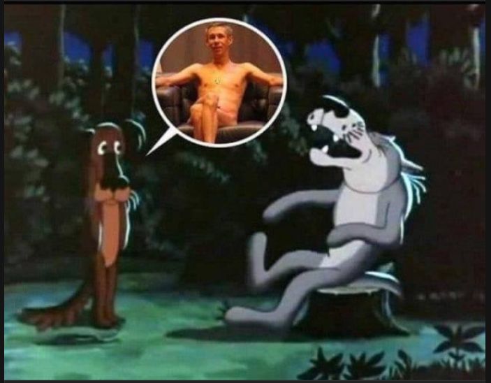 Сцена из мультфильма: два серых волка и один рыжий пёс, в пузыре круг изображает голого мужчину.