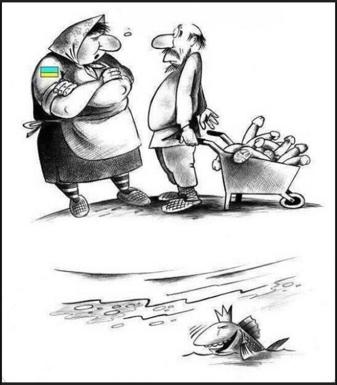 Карикатура: женщина с украинским флагом упрекает мужчину; тачка с овощами.