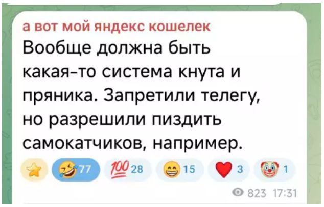 а вот мой яндекс кошелек
Вообще должна быть какая-то система кнута и призника. Запретили телегу, но разрешили пиздить самокатчиков, например.