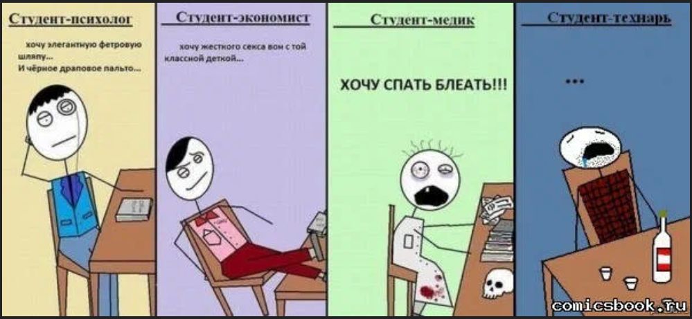 Студент-психолог хочу элегантную фетровую шляпу... И чёрное драповое пальто... Студент-экономист хочу жесткого секса вон с той классной деткой... Студент-медик ХОЧУ СПАТЬ БЛЕАТЬ!!! Студент-технарь ...