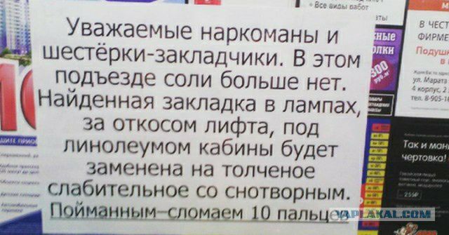 Уважаемые наркоманы и шесгеркизакладчики В этом прдъезде соли больше нет КНаиденная закладка в лампах 1_ за откосом лифта под _ пинопеумом кабины будет заменена на топченое слабительное со снотворным Пэйнамымтломаем 10 папщ