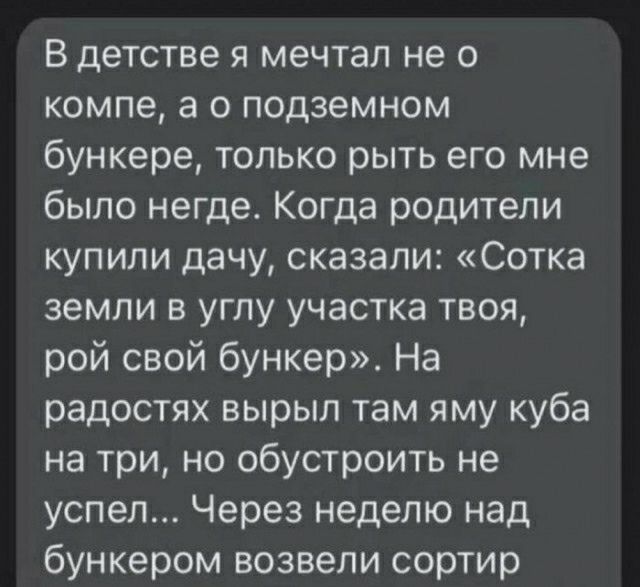 В детстве я мечтал не о компе а о подземном бункере только рыть его мне было негде Когда родители купили дачу сказали Сотка земли в углу участка твоя рой свой бункер На радостях вырыл там яму куба на три но обустроить не успел Через неделю над бункером возвели сортир