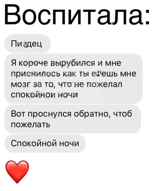 Воспитала Пиацец Я короче вырубился и мне приснилось как ты ешешь мне мозг за то что не пожелал спокойном ночи Вот проснулся обратно чтоб пожелать Спокойной ночи