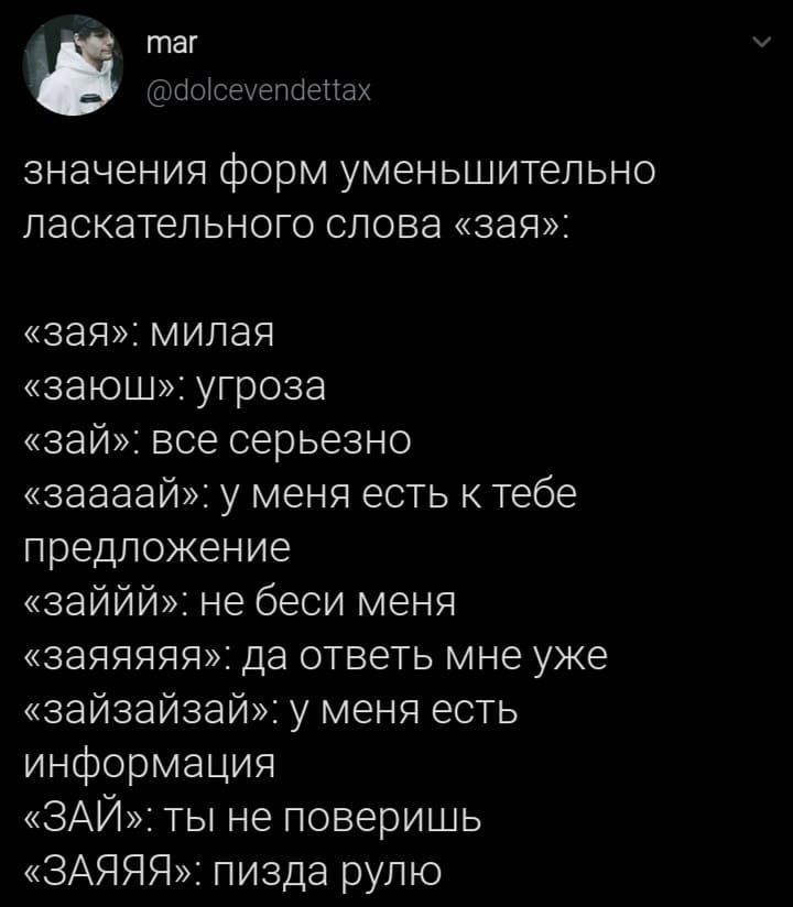 значения форм уменьшительно ПЭСКЭТЕПЬНОГО СЛОВЭ зая зая милая ЭЭЮШЖ угроза зай все серьезно ЗЭЭЭЗЙ у МЕНЯ ЕСТЬ К Тебе предложение заййй не беси меня ЗЭЯЯЯЯЯЖ ДЭ ОТВЕТЬ МНЕ УЖЕ зайзайзай у меня есть информация ЗАЙ ты не поверишь ЗАЯЯЯ пизда рулю