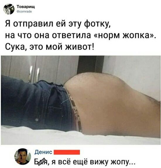 Я отправил ей эту фотку на что она ответила норм жопка Сука это мой живот Пенис Бл я всё ещё вижу жопу