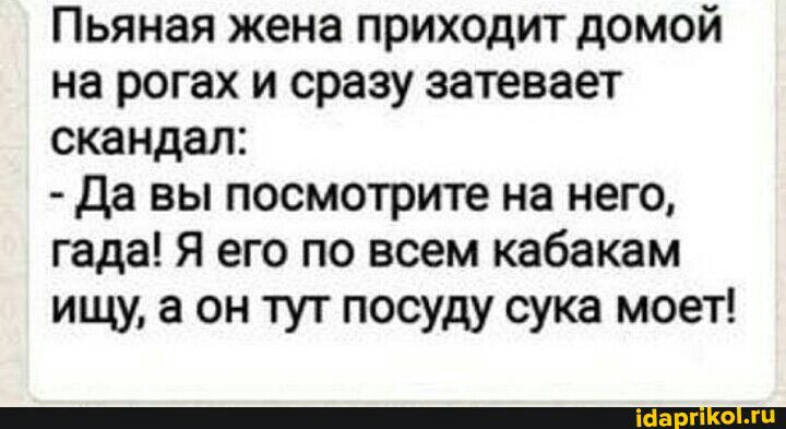 Пьяная жена приходит домой на рогах и сразу затевает скандал Да вы посмотрите на него гада Я его по всем кабакам ищу а он тут посуду сука моет