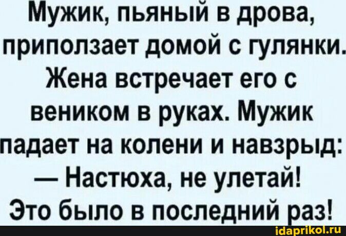 Мужик пьяный в дрова приползает домой с гулянки Жена встречает его с веником в руках Мужик падает на колени и навзрыд Настюха не улетай Это было в последний Ёаз