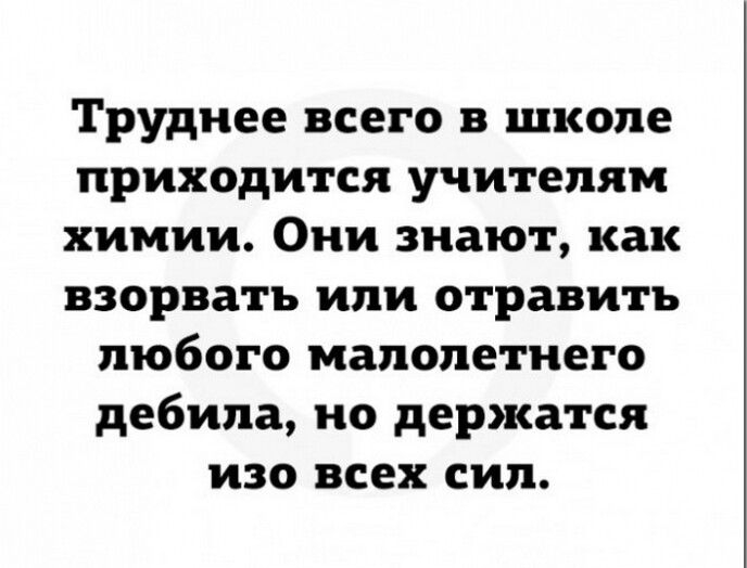 Труднее всего в школе приходится учителям химии Они знают как взорвать или отравить любого малолетнего дебила но держатся изо всех сил