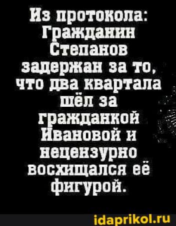 Из протокола Гражданин Степанов задержав за то что два квартала _ шёл за г антенной званий и нецензурно восшщапся ее фигурой Шергин л