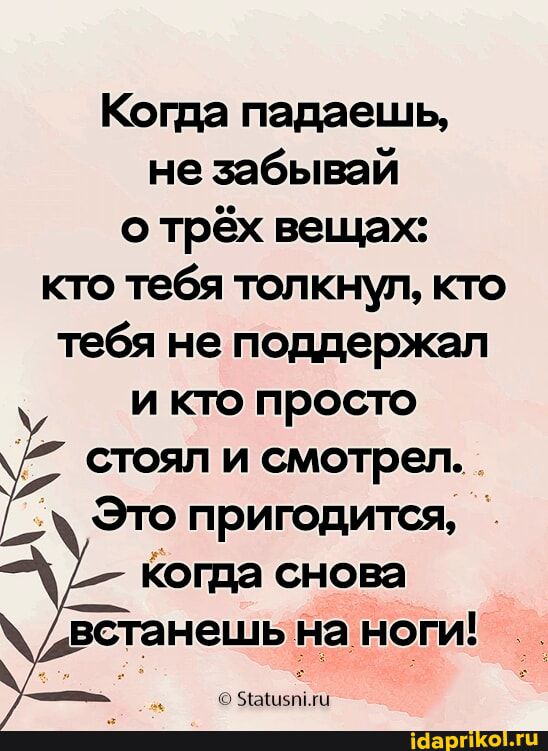 Когда падаешь не забывай о трёх вещах кто тебя толкнул кто тебя не поддержал и кто просто стоял и смотрел Это пригодится когда сноп Ётанешь налоги _ _ ваш