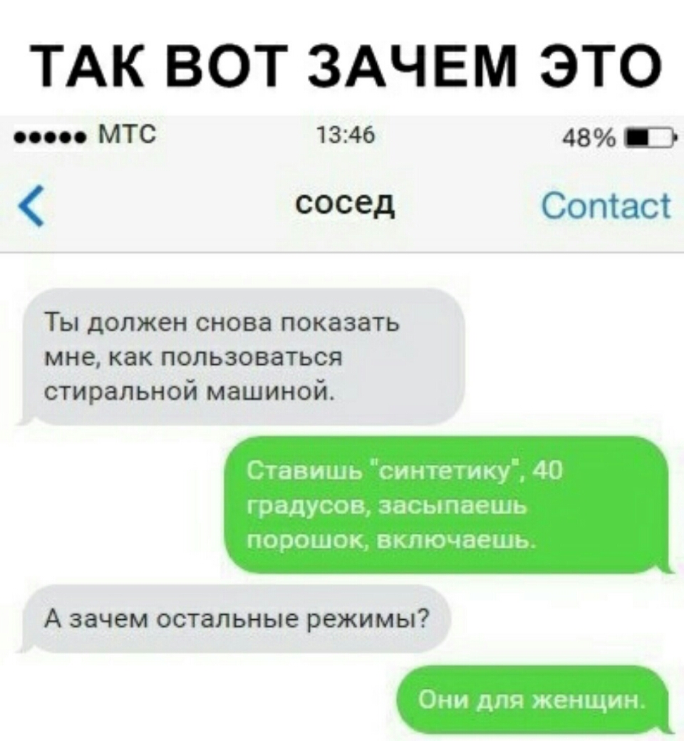 ТАК ВОТ ЗАЧЕМ ЭТО со МТС 1346 48 Ь сосед Соптаст Ты должен снова показать мне как пользоваться стиральной машиной ТУаВИлыг интриг Щ ірадуГНР зт ьяПЕМ Шг ПООПЩП ВЪ ПКЧЧЫРЦМ А зачем остальные режимы дни для женщ