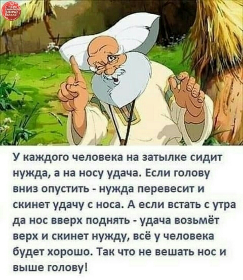 У каждого человека на затылке сидит нужда а на носу удача Если голову вниз опустить нужда перевесит и скинет удачу с носа А если встать с утра да нос вверх поднять удача возьмёт верх и скинет нужду всё у человека будет хорошо Так что не вешать нос и выше голову
