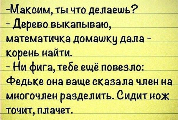 Макоим ты что делаешь _ Дерево выквпываю __ математичка домашку дала __ корень найти А Ни фига тебе ещё повезло _ _федьке она ваще сказала членна_ многочлен разделить Сидит нож_ _тоиит плачет _