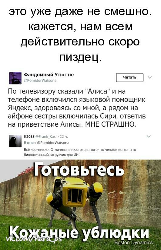 ЭТО уже даже не смешно КЭЖОТСЯ нам всем действительно СКОРО пизде ц ФгидпмивлЁУтюг не По телевизору сказали Алиса и на телефоне включился языковой помощник Яндекс здороваясь со мной а рядом на айфоне сесгры включилась Сири ответив на приветствие Алисы МНЕ СТРАШНО Ве опнзчьно отичиая имшрацитт чеповечесги это бнощтчккий загрумкдчя ии Ыё убл Юдгки П_