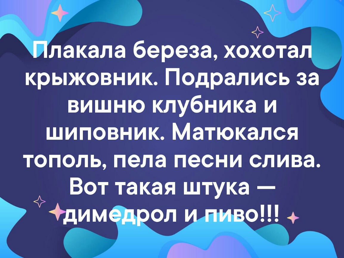 Плакала береза хохотал крыжовник Подрались за вишню клубника и шиповник Матюкался тополь пела песни слива Вот такая штука димедрол и пиво