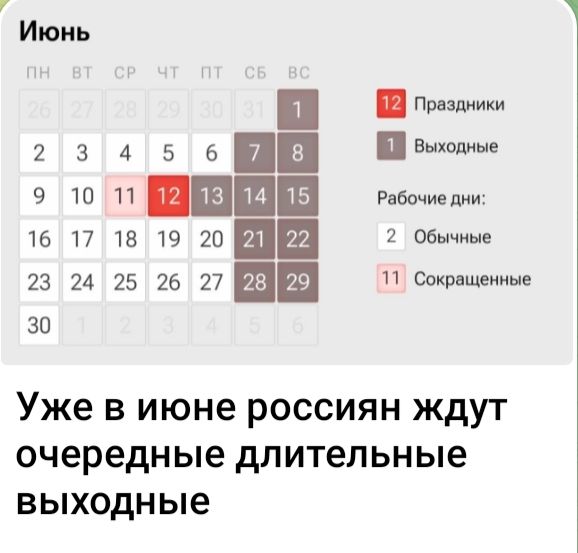 Июнь
Пн Вт Ср Чт Пт Сб Вс
 30 31  1  2  3  4 
  5  6  7  8  9 10 11 
12 13 14 15 16 17 18 
19 20 21 22 23 24 25 
26 27 28 29 30 

12 Праздники
1 Выходные
Рабочие дни:
2 Обычные
11 Сокращенные

Уже в июне россиян ждут очередные длинные выходные