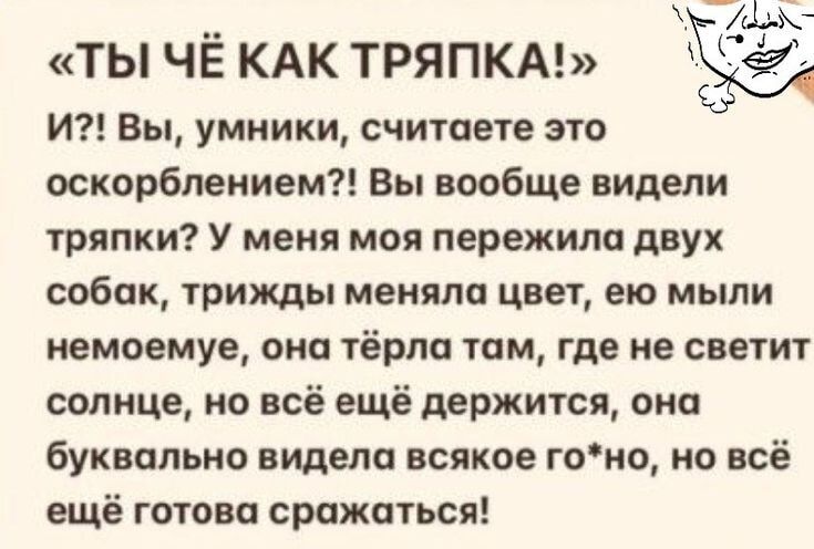 «Ты чё как тряпка!» И?! Вы, умники, считаете это оскорблением?! Вы вообще видели тряпки? У меня моя пережила двух собак, трижды меняла цвет, её мыли немоемую, она тёрла там, где не светит солнце, но всё ещё держится, она буквально видела всякое го*но, но всё ещё готова сражаться!