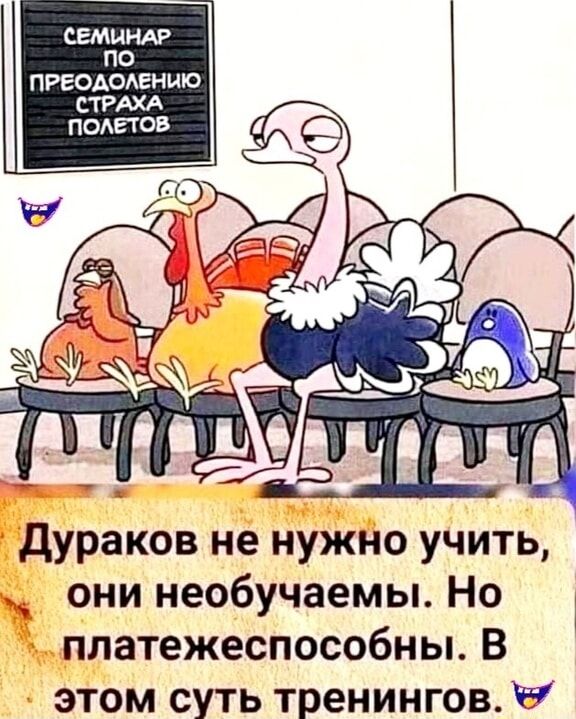 СЕМИНАР ПО ПРЕОДОЛЕНИЮ СТРАХА ПОЛЕТОВ
Дураков не нужно учить, они необучаемы. Но платежеспособны. В этом суть тренировок.