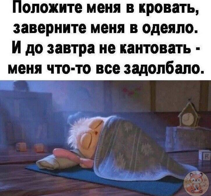 Положите меня в кровать, заверните меня в одеяло. И до завтра не кантовать - меня что-то все задолбало.