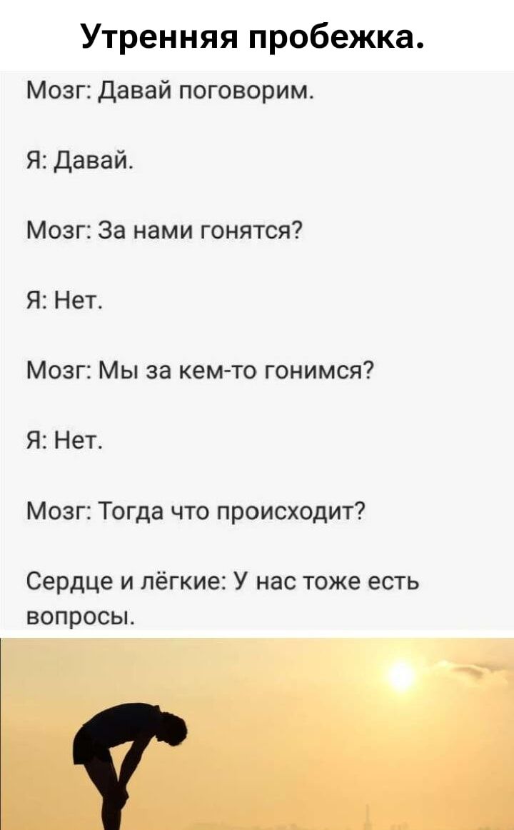 Утреняя пробежка.
Мозг: Давай поговорим.
Я: Давай.
Мозг: За нами гонятся?
Я: Нет.
Мозг: Мы за кем-то гонимся?
Я: Нет.
Мозг: Тогда что происходит?
Сердце и лёгкие: У нас тоже есть вопросы.
